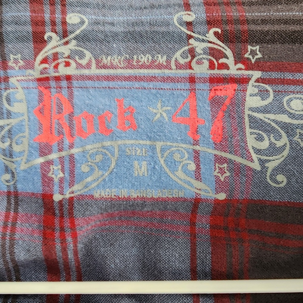 Rock 47 by Wrangler Plaid Western Shirt Mens Medium Blue Maroon Embroidered - Picture 5 of 5